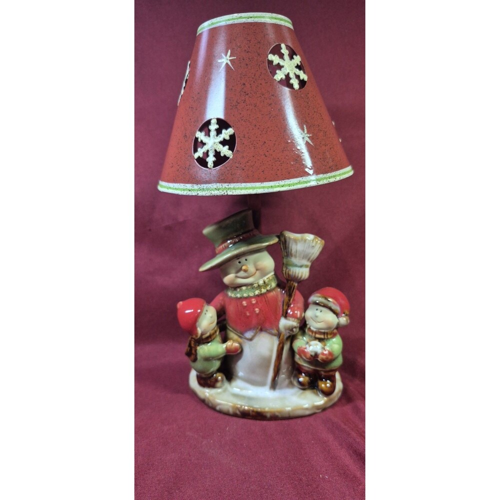 Vtg Yankee Candle Christmas Snowman Family Tea Light Holder Lamp Red Metal Shade